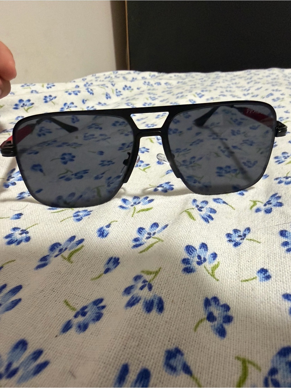 Prada Black Frame Blue Lens Aviator Sunglasses